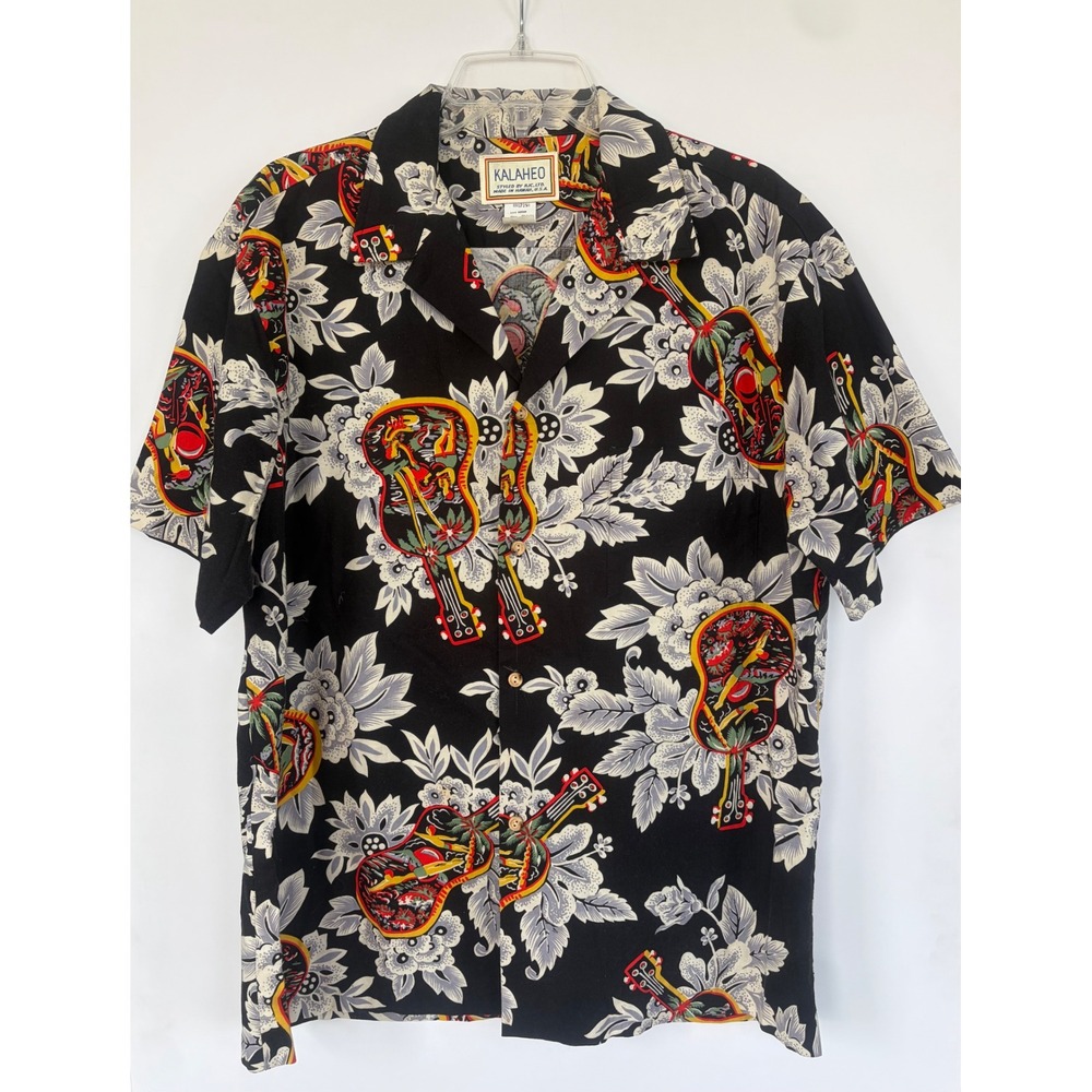 Kalaheo Mens Hawaiian Shirt Black Guitar Tropical Floral Aloha Made in Hawaii‎ L